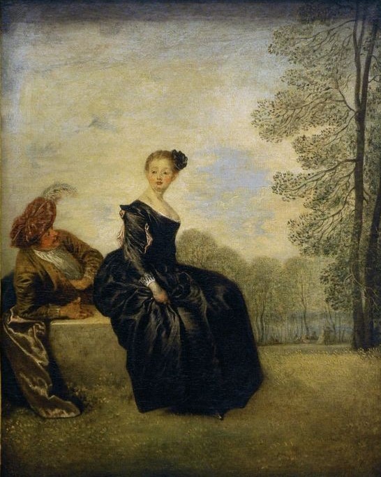 Jean-Antoine Watteau, La Boudeuse (Flirt,Frau,Gesellschaft,Jugend (Lebensalter),Kunst,Mädchen,Mode,Museum,Ritter,Barock,Rokoko,Talar,Bukolik,Fensterln,Koketterie,Paar,Eleganz,Dame,Galanterie,Malen,Rahmen)