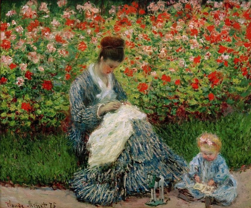 Claude Monet, Camille Monet et un enfant au jardin (Ehefrau,Frau,Handarbeit,Kind,Kunst,Maler (Künstler),Mutter Und Kind,Impressionismus,Kleinkind,Ehefrau Von Berühmten,Hausgarten,Nähen,Künstlerfrau,Mutter Und Sohn,Französische Kunst,Idylle,Knabe,Harmonie,Ziergarten,Menschen Im Garten,Sohn,Kinderleben,Fraue)