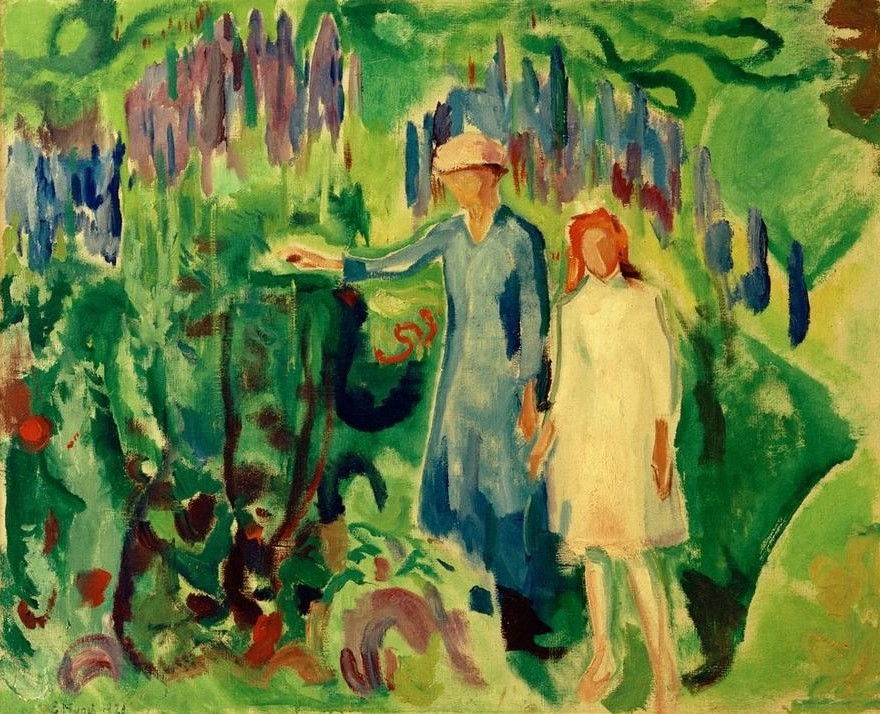 Edvard Munch, Mutter und Tochter im Garten (Frau,Garten Und Park,Kind,Kunst,Mädchen,Menschen Im Park,Park,Spaziergang,Expressionismus,Mutter Und Tochter,Norwegische Kunst,Menschen Im Garten,Frauenleben,Skandinavische Kunst,Garten)