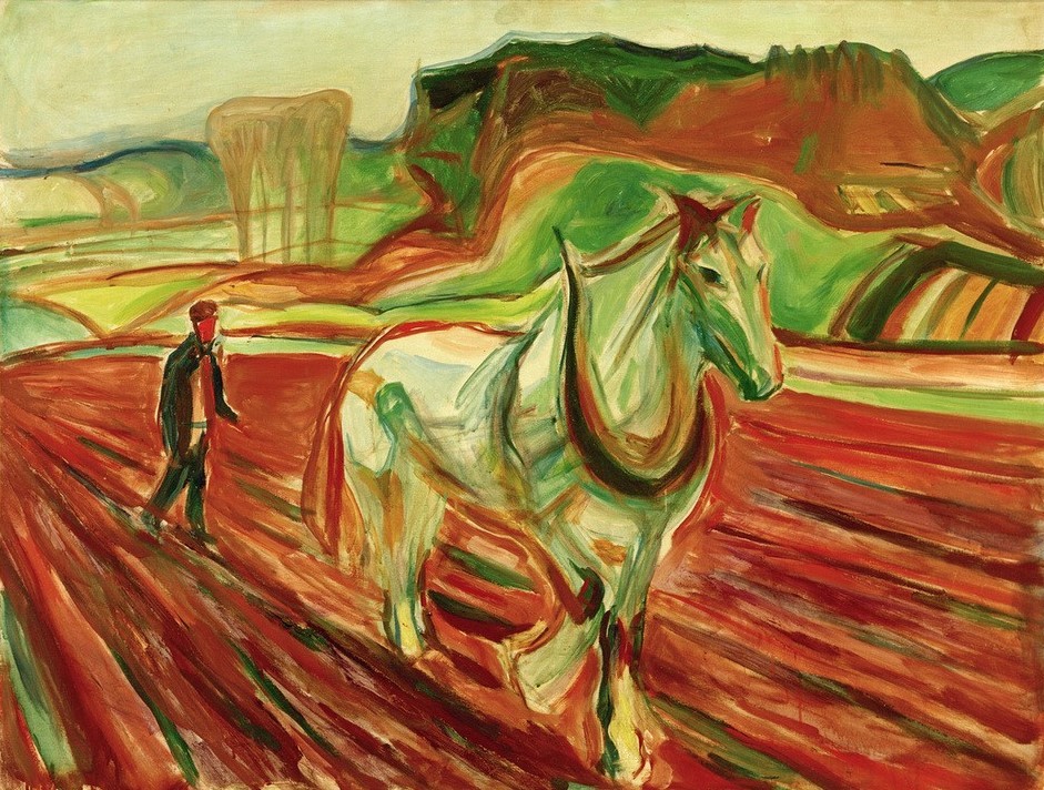 Edvard Munch, Mann mit weißem Pferd in einer Sommernacht II (Ackerbau,Bauer (Landwirt),Jahreszeiten,Kunst,Landschaft,Pferd (Tier),Sommer,Tageszeiten,Abend,Expressionismus,Norwegische Kunst,Feld,Tier,Skandinavische Kunst,Schimmel (Pferd),Mensch Und Tier,Landwirtschaft)