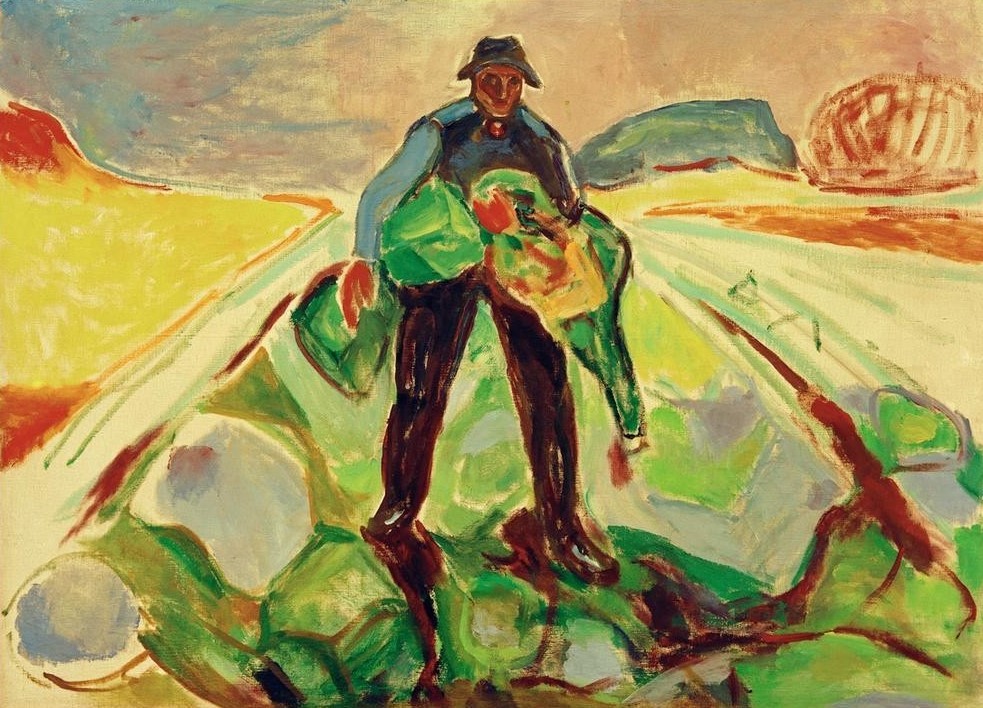 Edvard Munch, Der Mann im Kohlfeld (Arbeit,Bauer (Landwirt),Ernte,Gemüse,Kunst,Mann,Expressionismus,Kohl,Norwegische Kunst,Feld,Gemüseanbau,Skandinavische Kunst,Feldarbeit,Landwirtschaft)