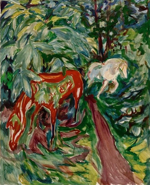 Edvard Munch, Zwei Pferde im Wald (Kunst,Pferd (Tier),Zoologie,Wald,Expressionismus,Norwegische Kunst,Tierleben,Tier,Skandinavische Kunst)