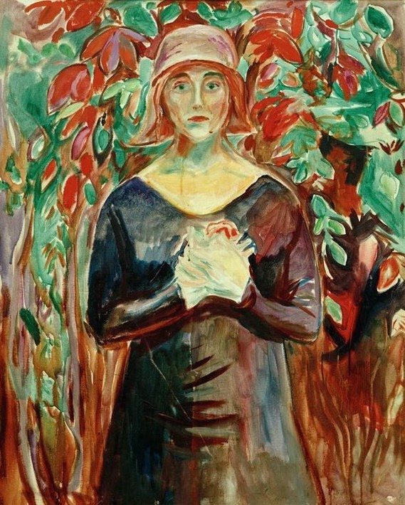 Edvard Munch, Charlotte Corday (Frau,Geschichte,Kopfbedeckung,Kunst,Französische Revolution (1789-99),Portrait,Expressionismus,Blumenstrauss,Haube,Norwegische Kunst,Mörderin,Junge Frau,Skandinavische Kunst,Halbfigur,Attentäterin)