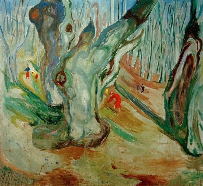 Edvard Munch, Frühling im Ulmenwald I (Jahreszeiten,Kunst,Landschaft,Mensch,Spaziergang,Ulme,Wald,Frühling,Expressionismus,Norwegische Kunst,Skandinavische Kunst,Baumstamm)
