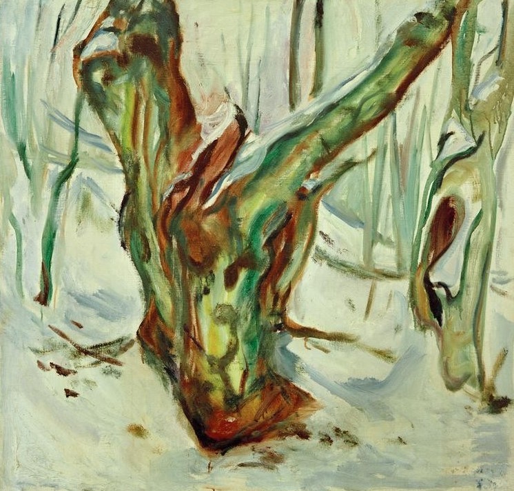 Edvard Munch, Knorriger Baumstamm im Schnee (Botanik,Jahreszeiten,Kunst,Winter,Wald,Schnee,Baum,Expressionismus,Norwegische Kunst,Skandinavische Kunst,Baumstamm)