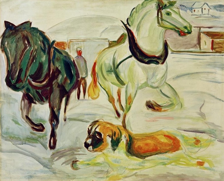 Edvard Munch, Pferdegespann im Schnee mit Bernhardiner (Bernhardiner,Jahreszeiten,Kunst,Pferd (Tier),Winter,Zoologie,Schnee,Hund,Expressionismus,Norwegische Kunst,Gespann,Tierleben,Zugtier,Tier,Rappe,Skandinavische Kunst,Pferdegespann,Zweigespann,Schimmel (Pferd))