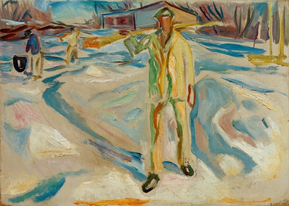 Edvard Munch, Bauarbeiter mit Balken. Backsteinatelier (Arbeiter,Arbeit,Atelier,Jahreszeiten,Künstler,Kunst,Maler (Künstler),Mann,Transport,Winter,Schnee,Bauarbeiter,Expressionismus,Norwegische Kunst,Tragen,Bauarbeiten,Skandinavische Kunst,Auf Den Schultern Tragen,Balken)