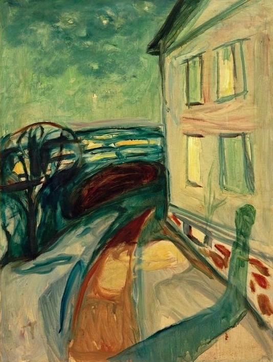 Edvard Munch, Hauswand im Mondschein (Haus,Kunst,Wohnhaus (Allgemein),Tageszeiten,Nacht,Fassade,Expressionismus,Architekturdarstellung,Norwegische Kunst,Aussenansicht,Licht Und Schatten,Skandinavische Kunst,Mondschein)