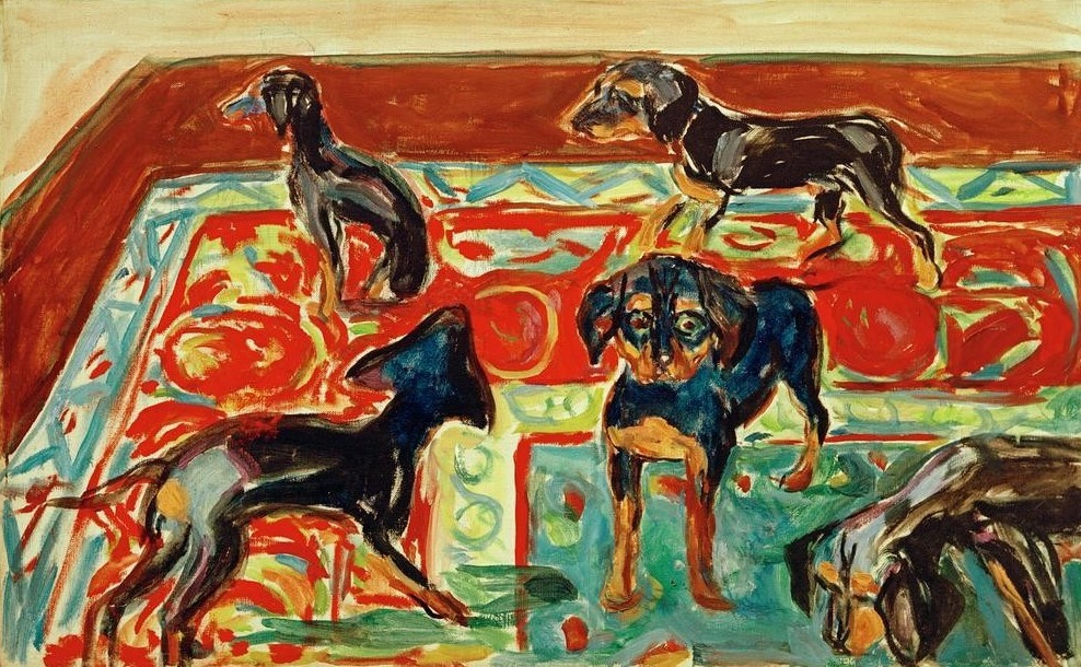 Edvard Munch, Fünf Welpen auf dem Teppich (Kunst,Teppich,Zoologie,Hund,Expressionismus,Norwegische Kunst,Welpe,Haustier,Tier,Skandinavische Kunst)
