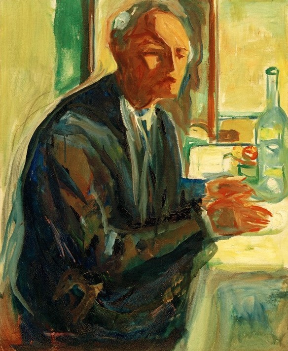 Edvard Munch, Selbstporträt an der Hochzeitstafel I (Essen Und Trinken,Hochzeit,Künstler,Kunst,Maler (Künstler),Mann,Selbstbildnis,Tisch,Portrait,Expressionismus,Flasche,Norwegische Kunst,Gedeckter Tisch,Sitzen,Skandinavische Kunst,Halbfigur)