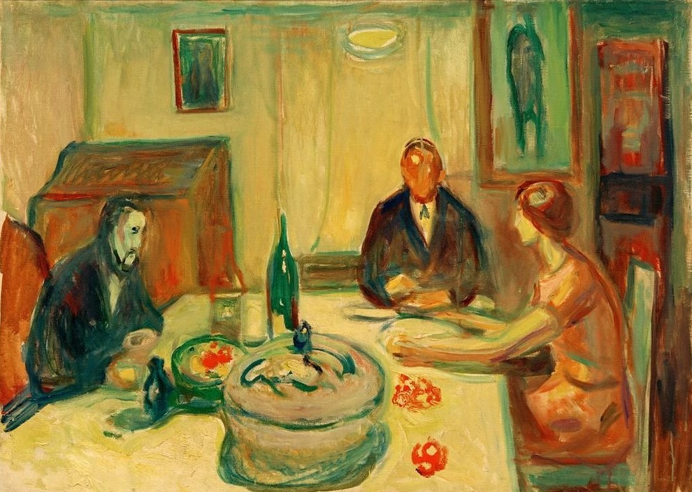 Edvard Munch, Oslobohème II (Essen Und Trinken,Gesellschaft,Kunst,Mensch,Tafelsitten,Genussmittel,Nahrungsmittel,Tisch,Expressionismus,Norwegische Kunst,Terrine,Gedeckter Tisch,Boheme,Skandinavische Kunst)