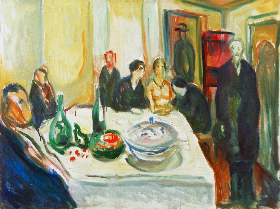 Edvard Munch, Die Hochzeit des Bohemien (Essen Und Trinken,Familienfeste,Feste,Gesellschaftliches Leben,Gesellschaft,Gruppenbild,Hochzeit,Künstlerleben,Kunst,Liebe Und Ehe,Mensch,Tafelsitten,Tisch,Expressionismus,Norwegische Kunst,Terrine,Gedeckter Tisch,Boheme,Geselliges Beisammensein,Skandinav)