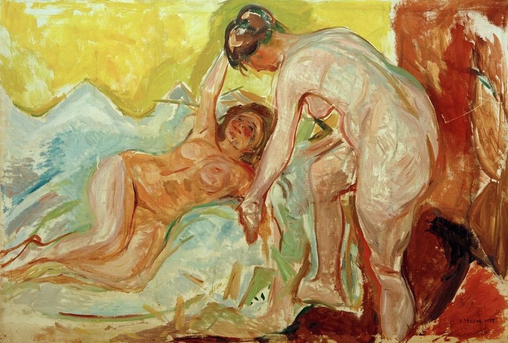 Edvard Munch, Zwei Frauen, liegend und stehend (Bett,Erotik,Frau,Kunst,Akt,Expressionismus,Norwegische Kunst,Liegen,Skandinavische Kunst,Körperhaltung)