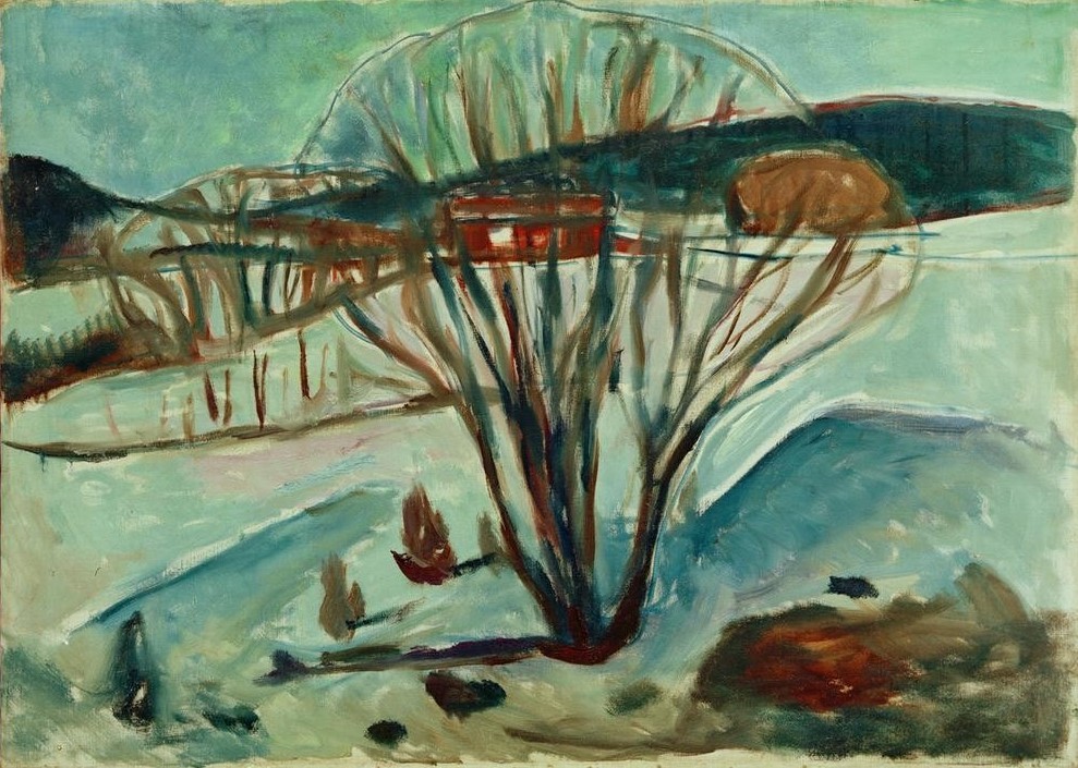 Edvard Munch, Ekely zur Winterzeit (Bauernhaus,Haus,Jahreszeiten,Künstler,Kunst,Landschaft,Maler (Künstler),Winter,Baum,Expressionismus,Norwegische Kunst,Skandinavische Kunst)