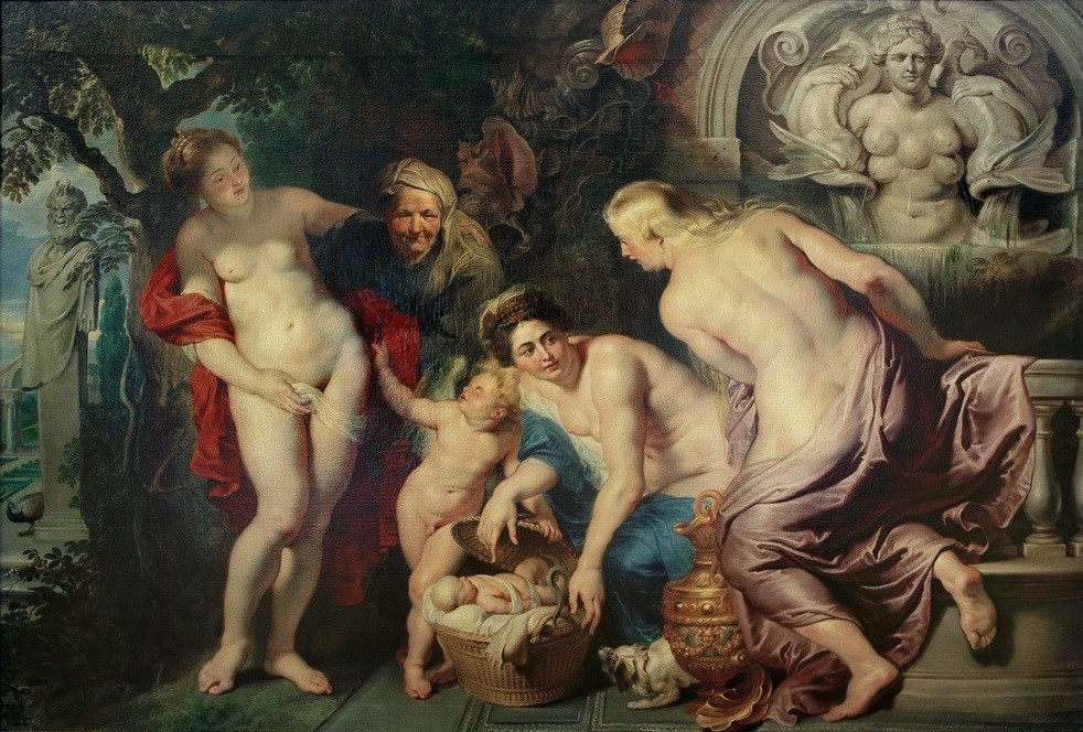 Peter Paul Rubens, Die Auffindung des Erichthoniusknaben (Baby,Erotik,Findelkind,Flämische Kunst,Frau,Sage,Kind,Kunst,Mythologie,Schlange,Barock,Akt,Legende,Neugier,Fabel,Niederländische Kunst,Korb,Griechisch-Römische Mythologie)