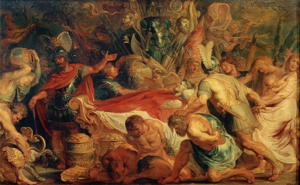 Peter Paul Rubens, Die Totenfeier für Decius Mus (Begräbnis,Feldherr,Flämische Kunst,Geschichte,Krieg,Kriegsgefangene,Kunst,Leiche,Militär,Konsul,Tod,Barock,Sklave,Sieg (Erfolg),Aufbahrung,Triumph,Niederländische Kunst,Trophäe,Entwurf,Siegesfeier,Kriegsbeute,Gefangene,Latinerkrieg,Person,Feier)