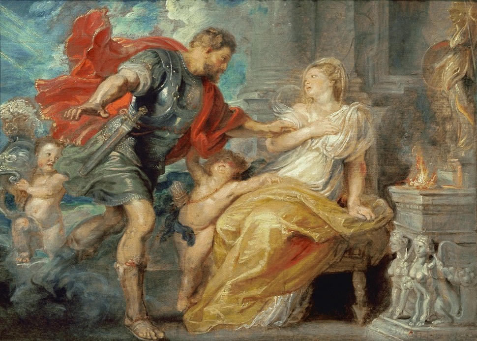 Peter Paul Rubens, Mars und Rhea Silvia (Feuer,Flämische Kunst,Kunst,Liebe,Mythologie,Tempel,Vestalin,Altar,Barock,Putto,Götterliebschaften,Niederländische Kunst,Götter,Paar,Gott,Kriegsgott,Priesterin,Skulptur Im Bild,Palladium,Griechisch-Römische Mythologie)