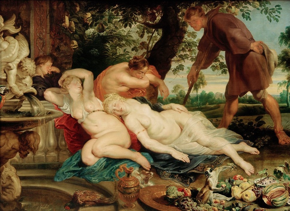 Peter Paul Rubens, Cimon und Efigenia (Affe,Erotik,Flämische Kunst,Frau,Kunst,Liebe,Literatur,Barock,Akt,Stillleben,Niederländische Kunst,Meerkatze,Novelle,Schlafen (Schlaf),Gemeinschaftsbild)