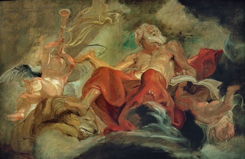 Peter Paul Rubens, Der heilige Hieronymus (Christentum,Engel,Flämische Kunst,Heilige,Kunst,Löwe (Tier),Mann,Religion,Barock,Posaune,Putto,Kirchenvater,Eremit,Niederländische Kunst,Alter Mann,Heiliger)
