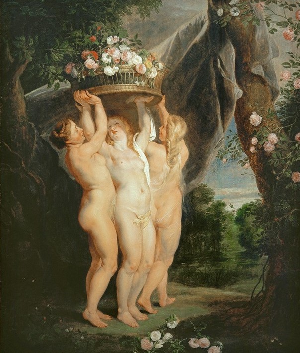 Peter Paul Rubens, Die Drei Grazien (Botanik,Flämische Kunst,Frau,Jahreszeiten,Kunst,Mythologie,Barock,Frühling,Akt,Niederländische Kunst,Göttin,Tragen,Drei,Blumenkorb,Blume,Karyatide,Griechisch-Römische Mythologie,Gemeinschaftsbild)
