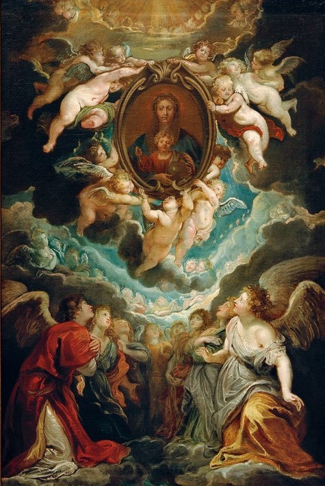 Peter Paul Rubens, Das Gnadenbild der Madonna della Vallicella, von Engeln ver (Christentum,Engel,Flämische Kunst,Frau,Kunst,Mutter Und Kind,Religion,Wolke,Barock,Maria Mit Kind,Neues Testament,Bibel,Putto,Kartusche,Verehrung,Altarbild,Mutter Und Sohn,Niederländische Kunst,Entwurf,Himmelreich,Oval,Gnadenbild)