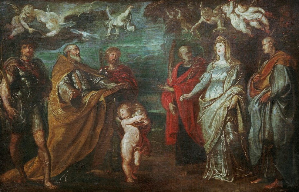 Peter Paul Rubens, Der hl. Gregor mit den Märtyrern Maurus, Papianus, Domitill (Christentum,Flämische Kunst,Gruppenbild,Heilige,Kunst,Papst,Religion,Barock,Altarbild,Märtyrer,Niederländische Kunst,Heiliger,Kirchenlehrer)