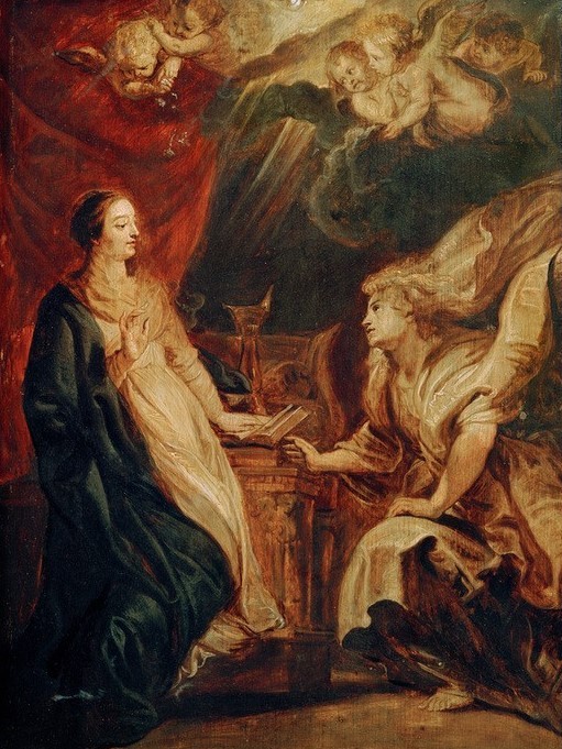 Peter Paul Rubens, Verkündigung an Maria (Christentum,Engel,Flämische Kunst,Kunst,Religion,Taube,Vogel,Barock,Neues Testament,Bibel,Putto,Jungfrau,Erzengel,Marienleben,Verkündigung An Maria,Überraschung,Niederländische Kunst,Kleidung (Allgemein),Kindheit Jesu,Lesepult)
