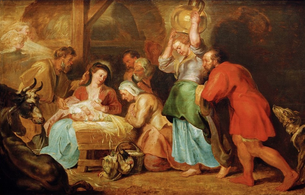 Peter Paul Rubens, Anbetung der Hirten (Baby,Christentum,Flämische Kunst,Kunst,Religion,Barock,Heilige Familie,Neues Testament,Bibel,Christi Geburt,Bäuerin,Stall,Anbetung Der Hirten,Niederländische Kunst,Ochs Und Esel,Anbetung (Allgemein),Kindheit Jesu)