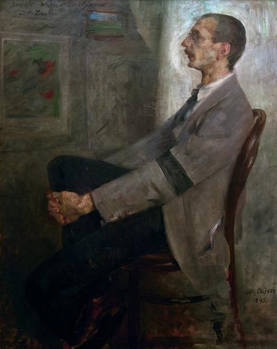 Lovis Corinth, Porträt Walter Leistikow (Brille,Deutsche Kunst,Grafiker,Künstler,Maler (Künstler),Mann,Impressionismus,Portrait,Berliner Sezession,Stuhl,Profil,Sitzen,Nickelbrille,Ganzfigurig,Person,Trauerflor)