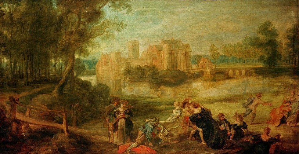 Peter Paul Rubens, Der Schloßpark (Ausflug,Festung,Flämische Kunst,Garten Und Park,Gesellschaftsspiel,Kunst,Landschaft,Menschen Im Park,Park,Freizeit,Schloss,Schlosspark,Spaziergang,Urlaub,Barock,Höfische Gesellschaft,Architekturdarstellung,Niederländische Kunst,Burggraben,Wasserschloss)