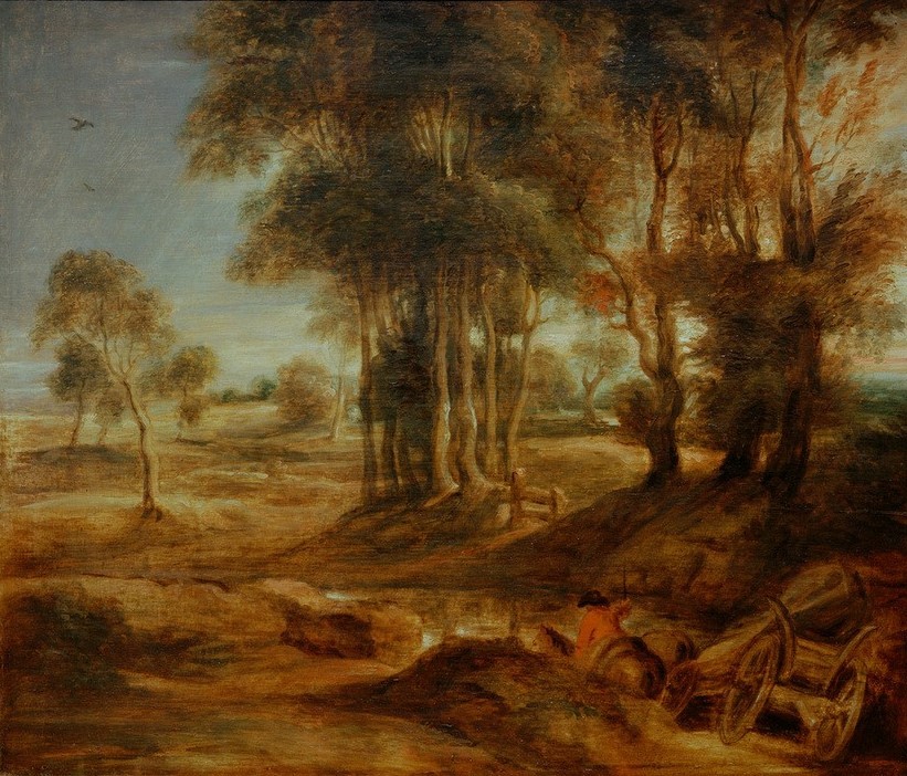 Peter Paul Rubens, Landschaft mit Fuhrwerk bei Sonnenuntergang (Flämische Kunst,Kunst,Landschaft,Sonnenuntergang,Fuhrmann,Tageszeiten,Abend,Barock,Baum,Niederländische Kunst,Furt,Pferdegespann,Fuhrwerk)