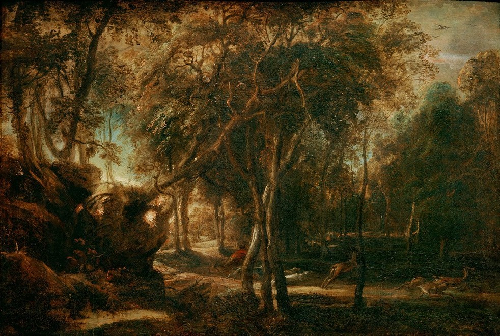 Peter Paul Rubens, Waldlandschaft mit Rotwildjagd bei Morgengrauen (Flämische Kunst,Hirsch,Jagd,Kunst,Landschaft,Tageszeiten,Wald,Morgen,Barock,Jagdhund,Niederländische Kunst,Reh,Rotwild,Wild,Morgengrauen)
