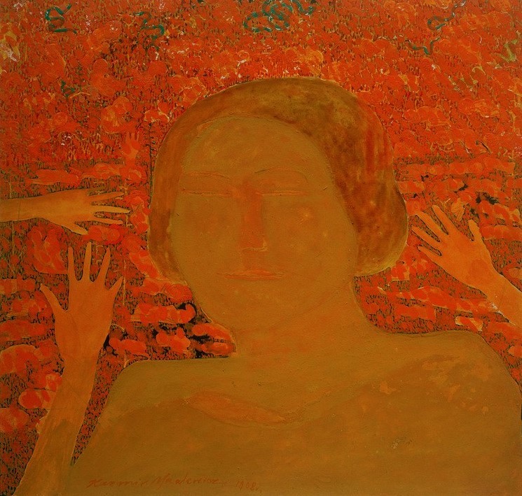 Kasimir Malewitsch, Gebärende (Frau,Geburt,Kunst,Medizin,Mensch,Hand,Portrait,Russische Kunst,Frauenleben,Kopf,Ukrainische Kunst,Abstraktion,Rot,Geschlossene Augen,Farbe)