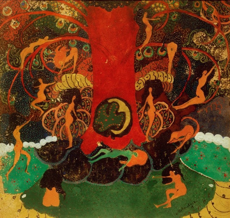 Kasimir Malewitsch, Lebensbaum und Dryaden (Christentum,Frau,Jugendstil,Kunst,Mythologie,Religion,Nymphe,Symbolismus,Baum,Russische Kunst,Ukrainische Kunst,Lebensbaum,Jahrhundertwende,Dryade,Symbolik)