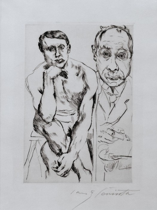 Lovis Corinth, Selbstbildnis und männlicher Akt (Deutsche Kunst,Künstler,Kunst,Maler (Künstler),Mann,Selbstbildnis,Akt,Portrait,Kopf)