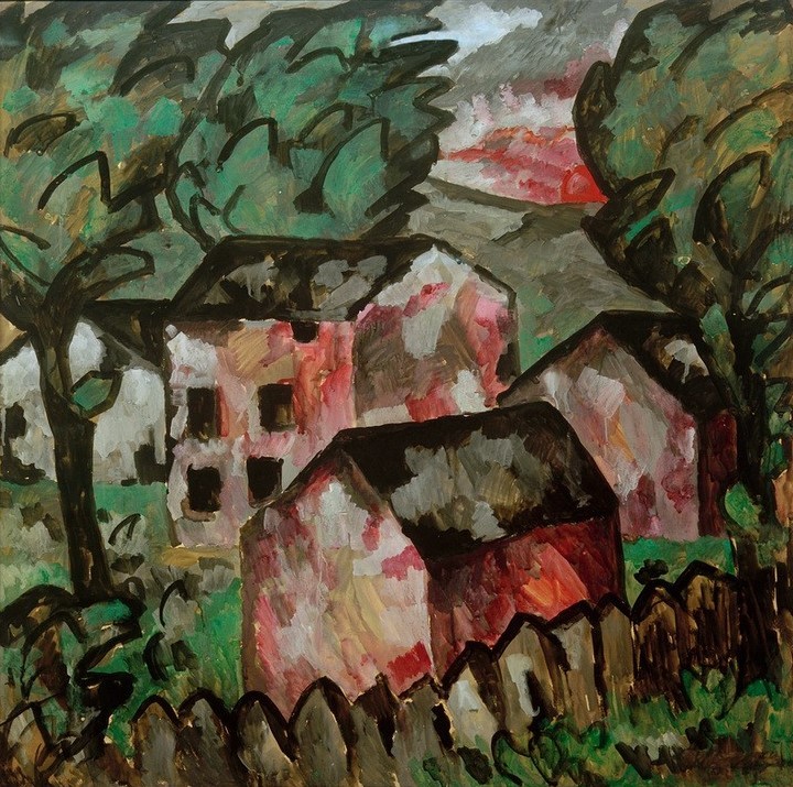 Kasimir Malewitsch, Landschaft mit drei roten Häusern (Architektur,Dorf,Haus,Kunst,Landschaft,Wohnhaus (Allgemein),Baum,Expressionismus,Russische Kunst,Architekturdarstellung,Ukrainische Kunst)