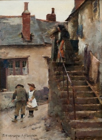 Stanhope Forbes, CHILDREN IN A NEWLYN STREET (Frau,Haus,Herrenhaus,Kind,Mädchen,Gründerzeit,Mutter,Speisezimmer,Adel,Knabe,Erbe,Innenansicht,Heim)