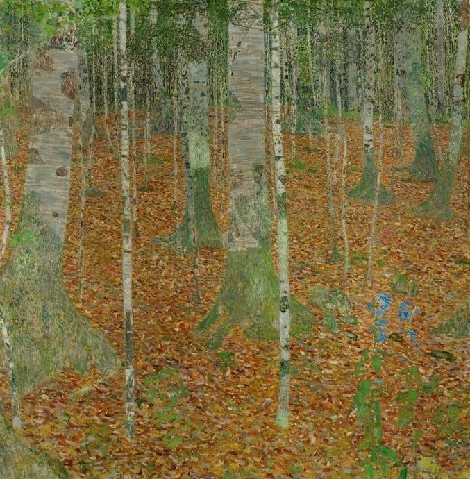 Gustav Klimt, Birkenwald  (Klassische Moderne, Natur, dekorativ, Jugendstil, Wald, Bäume, Birken, Herbst, gold /bunt, Wohnzimmer,Treppenhaus, Schlafzimmer, Wunschgröße, Malerei)