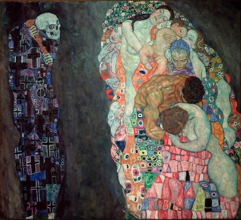 Gustav Klimt, Tod und Leben  (Tod, Lebensalter, Klassische Moderne, Jugendstil, Tod und Leben, Frauen, Männer, Kinder, Akt, Ornamente, bunt, Wohnzimmer, Treppenhaus, Schlafzimmer, Wunschgröße, Malerei)