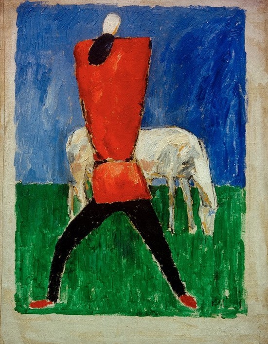 Kasimir Malewitsch, Mann und Pferd (Kunst,Landschaft,Mann,Mensch,Pferd (Tier),Pferdezucht,Sowjetische Kunst,Stadt,Wiese,Russische Kunst,Rückenfigur,Tierleben,Rasen,Tier,Suprematismus,Ukrainische Kunst,Männerleben,Schimmel (Pferd),Mensch Und Tier,Landwirtschaft,Signatur)