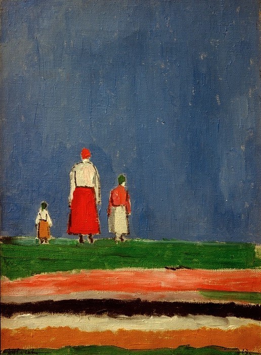 Kasimir Malewitsch, Drei Figuren, 1928 (Frau,Gruppenbild,Kunst,Landschaft,Mädchen,Mensch,Russische Kunst,Rückenfigur,Im Freien (Allgemein),Drei,Suprematismus,Ukrainische Kunst,Ganzfigurig)