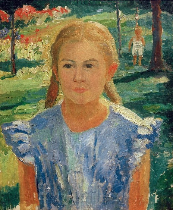 Kasimir Malewitsch, Porträt von Una (Kinderbild In Der Kunst,Kind,Kunst,Mädchen,Sowjetische Kunst,Portrait,Zopf,Russische Kunst,Im Freien (Allgemein),Menschen Im Garten,Kind Berühmter Persönlichkeiten,Ukrainische Kunst,Kinderbildnis,Tochter Von Berühmten,Halbfigur,Halbprofil,Person,Frisur,Ga)