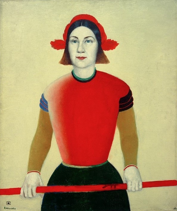 Kasimir Malewitsch, Mädchen mit rotem Stab (Frau,Kopfbedeckung,Kunst,Mädchen,Mensch,Sowjetische Kunst,Portrait,Russische Kunst,Kleidung (Allgemein),Suprematismus,Ukrainische Kunst,Junge Frau,Stab,Halbfigur,Halbprofil,Farbigkeit,Kopftuch,Signatur,Farbe)