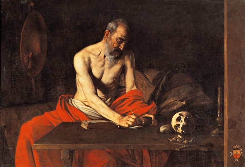 Caravaggio, Der heilige Hieronymus (Schreiben, Meditation, Schädel, Einsamkeit, Christentum, Heiliger,  Barock, hell-dunkel, Klassiker, Malerei, Wunschgröße, Wohnzimmer)