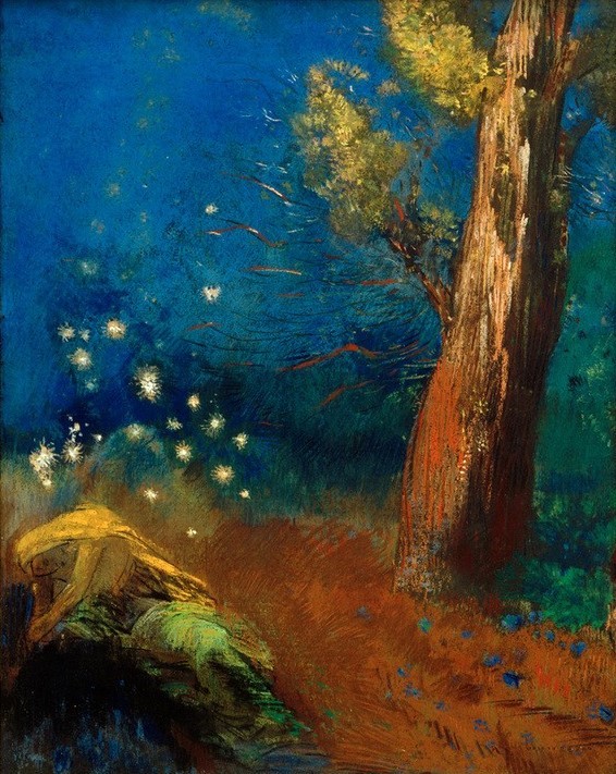 Odilon Redon, Der Tod des Buddha (Buddhismus,Kunst,Religion,Tod,Symbolismus,Baum,Religionsstifter,Französische Kunst,Sterben,Exotik,Nirwana)