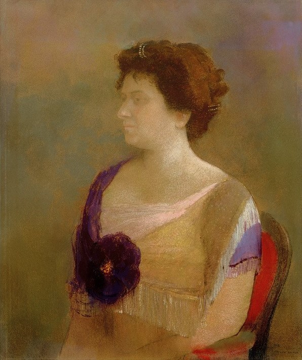 Odilon Redon, Frau mit Blume am Mieder (Frau,Kunst,Symbolismus,Portrait,Französische Kunst,Blume,Sitzen,Halbfigur)