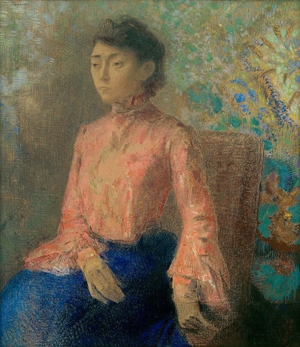 Odilon Redon, Porträt Mademoiselle Chaine (Frau,Kunst,Symbolismus,Portrait,Bluse,Französische Kunst,Sitzen,Junge Frau,Kniestück)