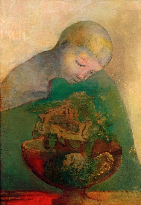 Odilon Redon, Schale des Werdens (Kind,Kunst,Mensch,Symbolismus,Schale (Gefäss),Französische Kunst,Spiegelbild,Knabe,Evolution,Zukunft,Symbolik)