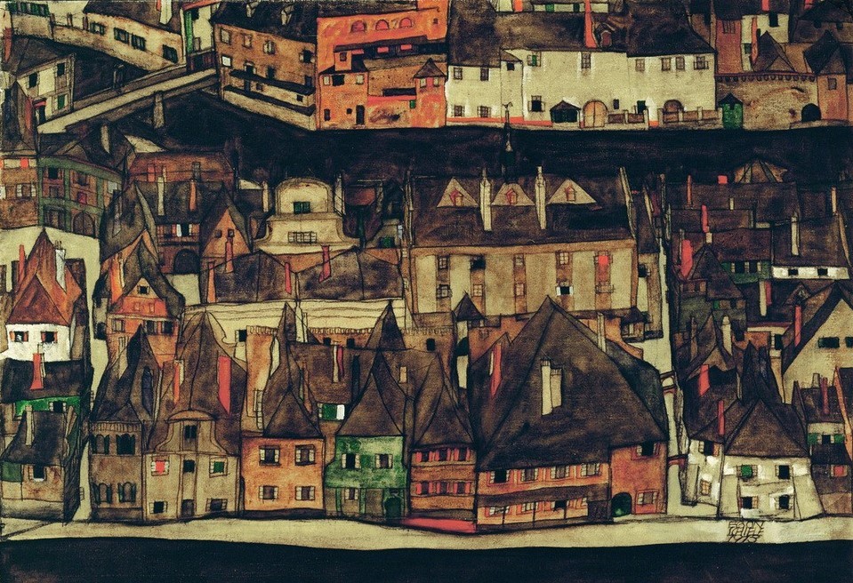 Egon Schiele, Die kleine Stadt II (Architektur,Kunst,Teilansicht,Fluss,Expressionismus,Stadtansicht,Architekturdarstellung,Österreichische Kunst)