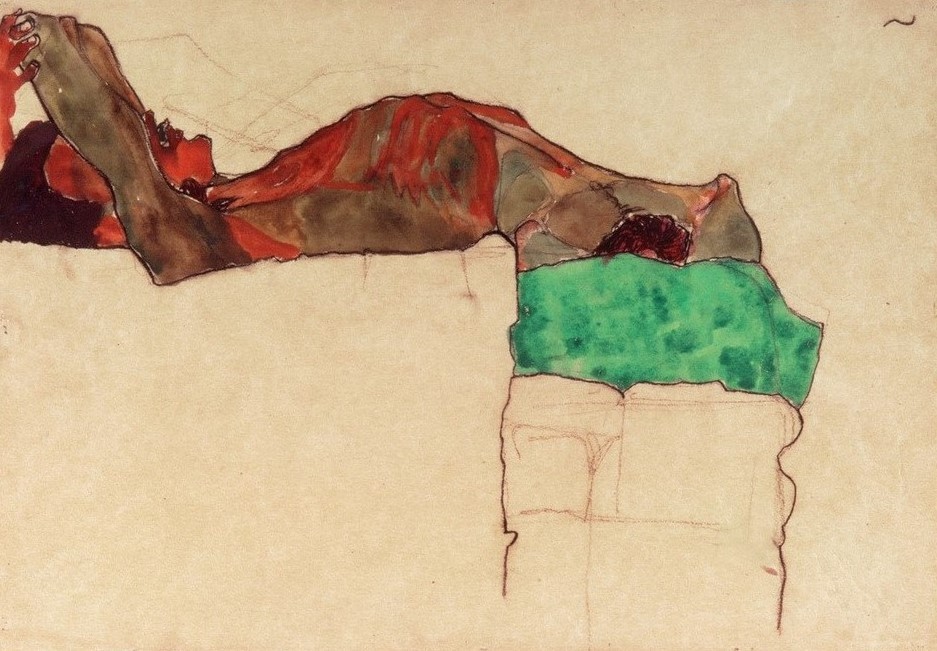 Egon Schiele, Liegende männlicher Akt mit grünem Tuch (Künstler,Mann,Selbstbildnis,Akt,Expressionismus,Österreichische Kunst,Erotische Kunst,Halbakt,Schamhaar,Liegen,Privatsammlung,Magerkeit)